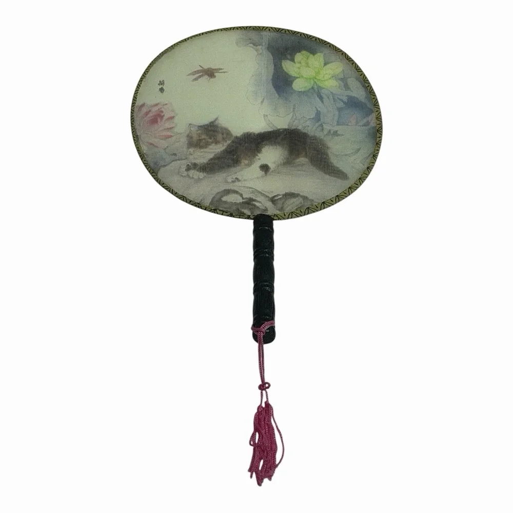 Double Sided Cat Decor Hand Held Painted Fan Chinese Han Ancient Round Fan